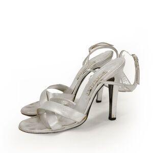 Vintage 90s Casadei Metallic Silver Cross Strap Peep Toe Heels Shoes w Box